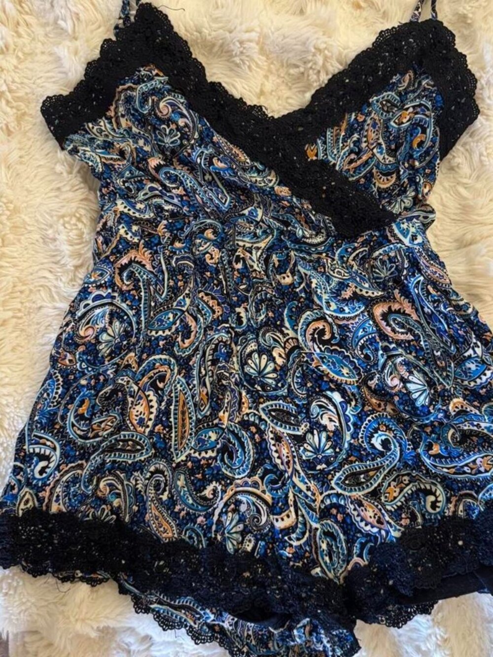 lace trimmed romper in paisley blue size small